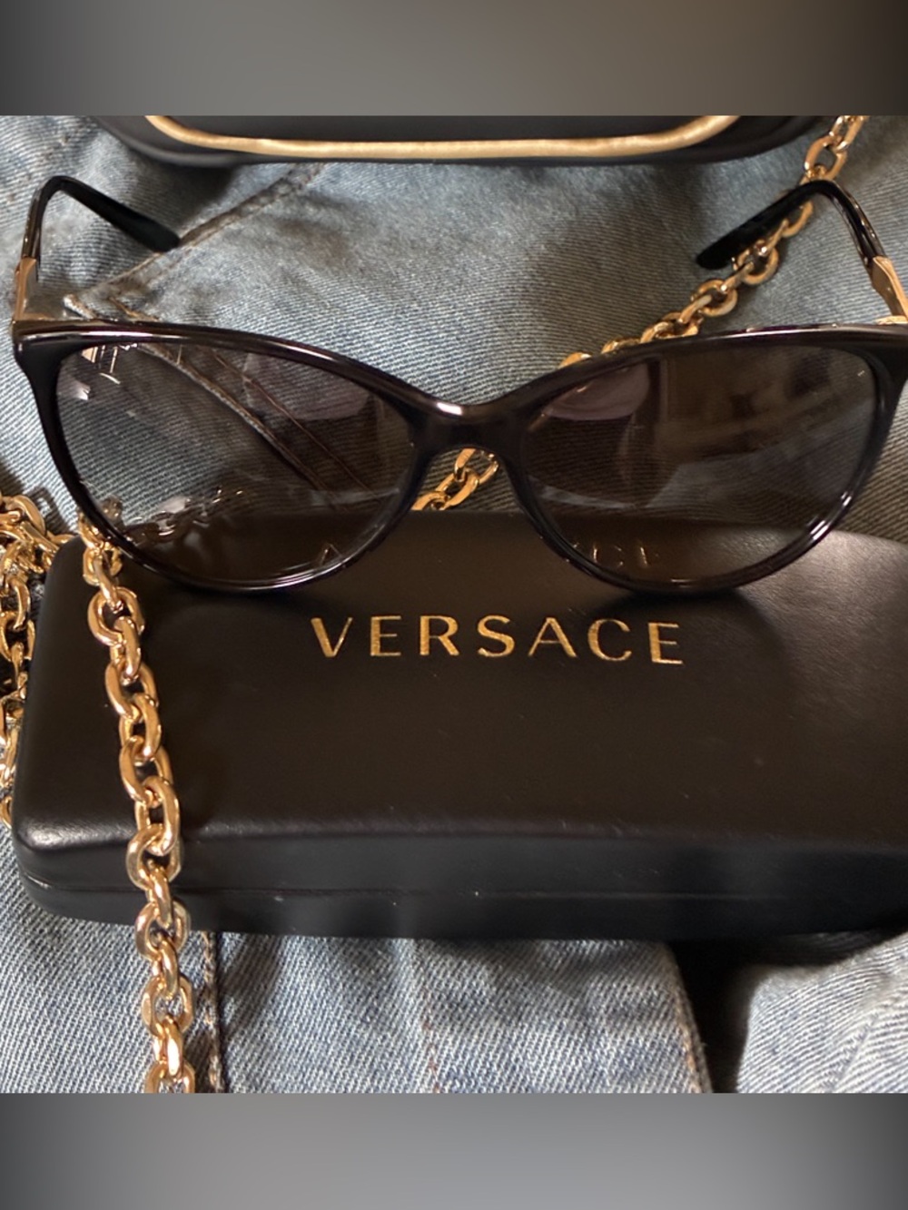 🌸WAS $260: Versace Black Sunglasses Classic Cat Eye Design Gold Logo